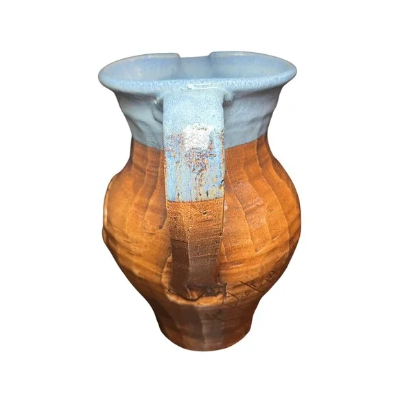 Ken Poole 1990 Rockhouse Pitcher Blue glaze Floral Embossed Signed Art Pottery